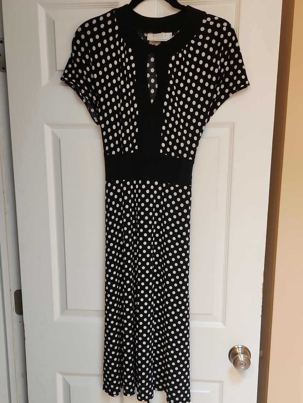Eliza J Polka Dot Midi Dress with Keyhole Neckline - Black/White